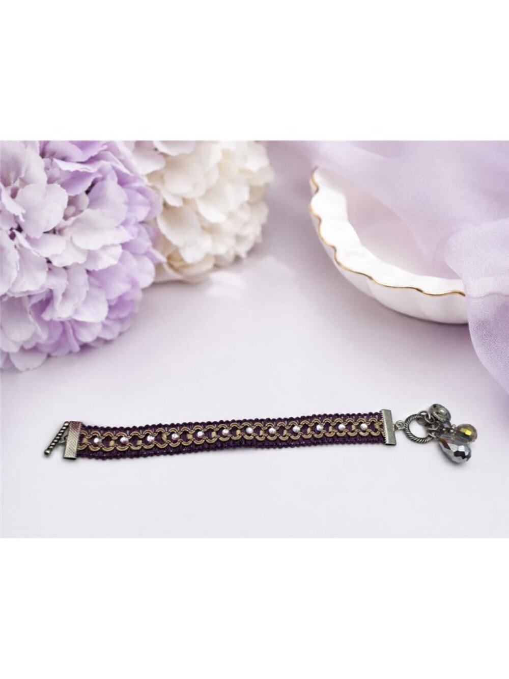 Purple Woven Rhinestone Bracelet Silver Tone Crystal Dangle Charms 7.5 Inch